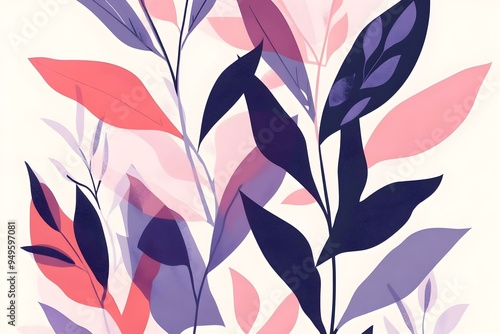 pattern illustration of lilac, pink and purple different leaves and plants, minimal shapes on isolated white background, abstract composition for varoius eco projects design photo