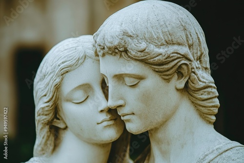 Close-up of Two Stone Statues, Faces Tenderly Intertwined photo