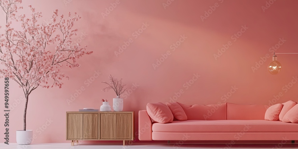modern design interior japanese living room, luxury coral sofa and buffet sideboard with white pink wall background and soft light modern design interior japanese living room, luxury coral sofa and buffet sideboard with white pink wall background and soft light