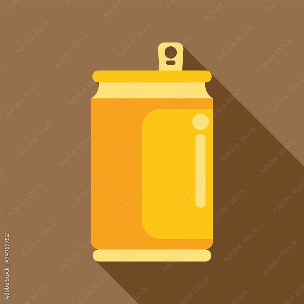 Minimalist vector illustration of a yellow aluminum can, featuring a long shadow effect against a brown background Minimalist vector illustration of a yellow aluminum can, featuring a long shadow effect against a brown background
