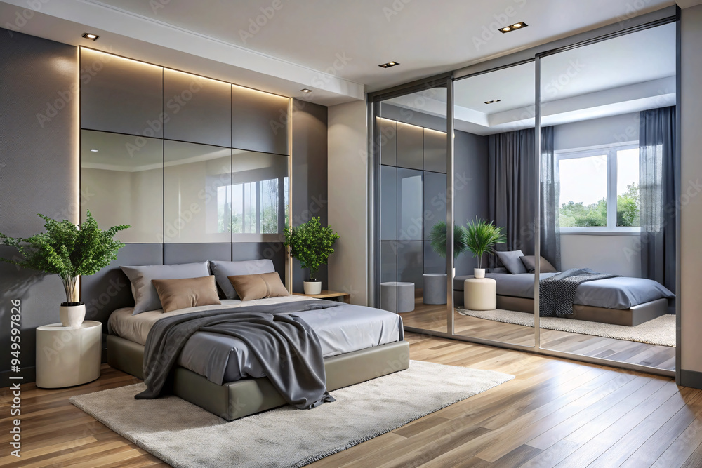 A stylish bedroom featuring a gray wardrobe with mirrored sliding doors, a modern bed, and soft lighting, enhancing the room's calming atmosphere A stylish bedroom featuring a gray wardrobe with mirrored sliding doors, a modern bed, and soft lighting, enhancing the room's calming atmosphere