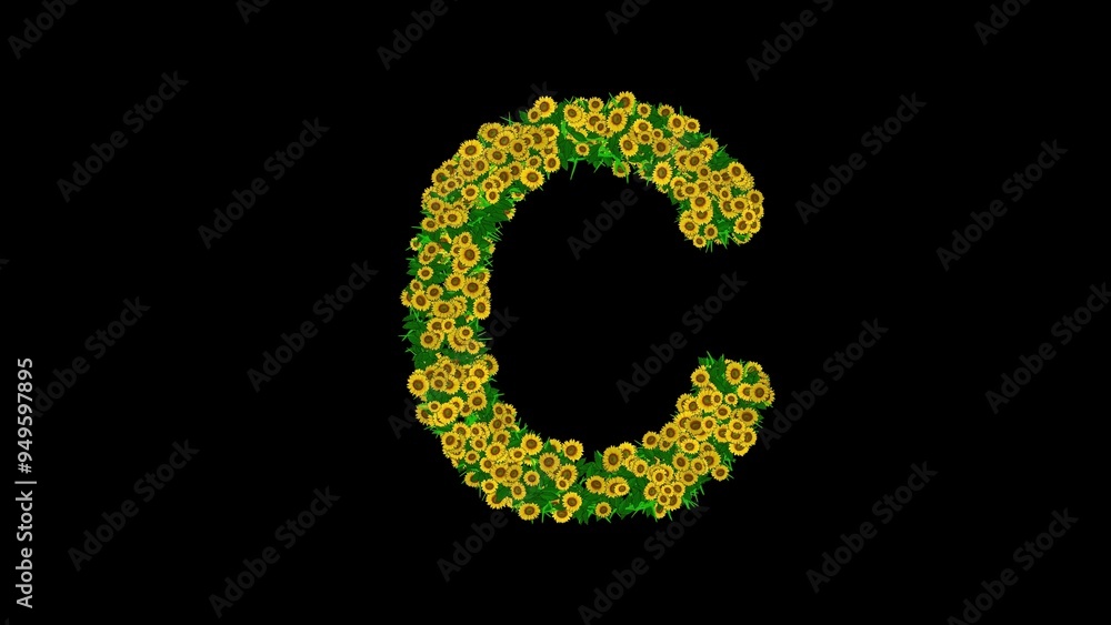 Beautiful illustration of English alphabet C with green leaves and yellow daisy flowers on plain black background Beautiful illustration of English alphabet C with green leaves and yellow daisy flowers on plain black background