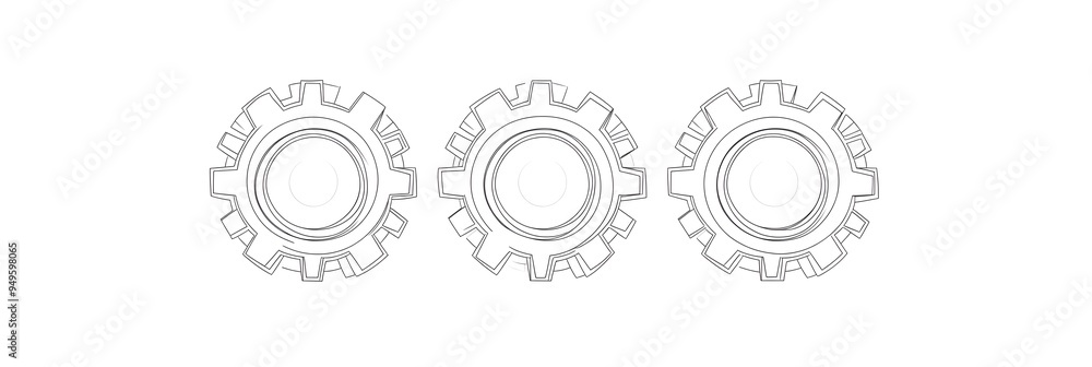 One continuous line illustration of gears wheels. Three cogwheels in lineart style. Editable stroke. Symbol of teamwork, development, logo, emblem. Creative concept of business teamwork. Vector One continuous line illustration of gears wheels. Three cogwheels in lineart style. Editable stroke. Symbol of teamwork, development, logo, emblem. Creative concept of business teamwork. Vector