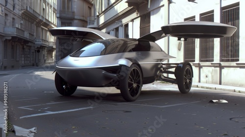 Futuristic flying car parked on city street with wings raised.