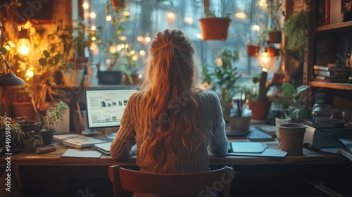 Woman working at her desk in a cozy home office setting