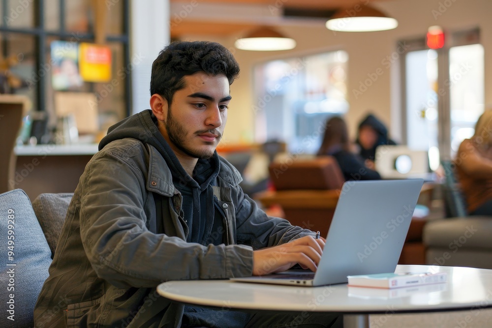 A man sitting at a table, focused on typing on a laptop computer in a study lounge, Student typing on a laptop in a study lounge A man sitting at a table, focused on typing on a laptop computer in a study lounge, Student typing on a laptop in a study lounge