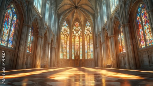 Gothic cathedral interior, stained glass windows, and vaulted ceilings, 3D model