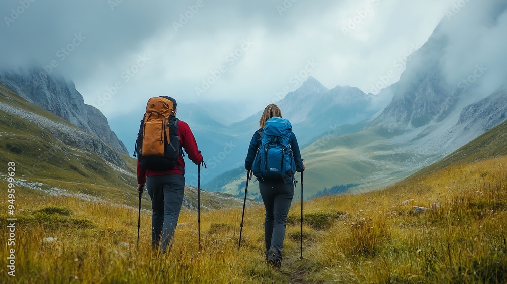 Scenic landscape of a couple hiking in the mountains with backpacks and walking sticks Scenic landscape of a couple hiking in the mountains with backpacks and walking sticks
