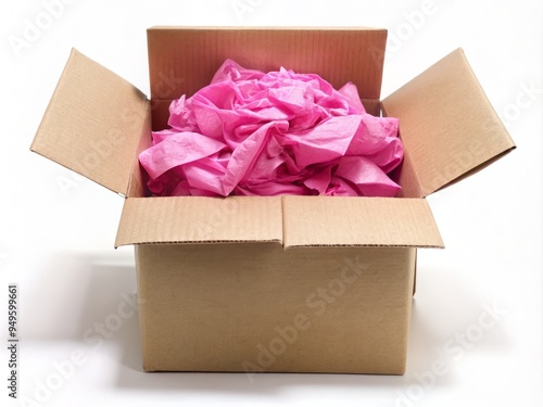 A cardboard box sits open, its corrugated sides exposed, as fragrant pink tissue paper spills out, swirling around the empty space like a gentle storm. photo