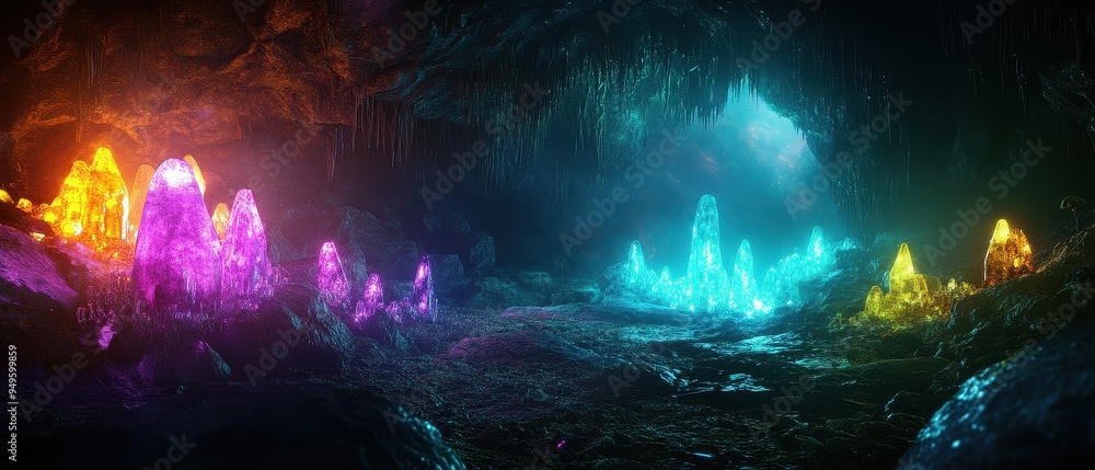 Obraz premium Enchanting Underground Cave with Vibrant Glowing Crystals in Various Colors