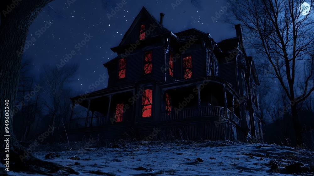 A haunted house with broken windows and eerie lights A haunted house with broken windows and eerie lights