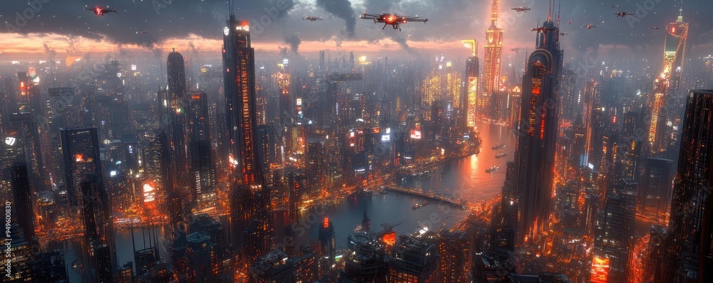 Naklejka premium Modern city skyline at night, illuminated skyscrapers, flying drones, and bustling traffic, 3D game design