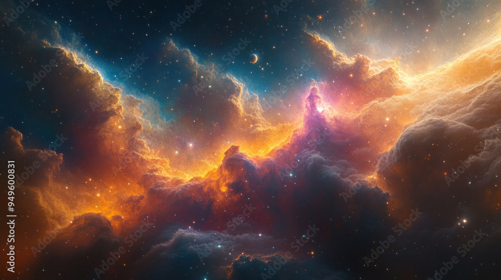 Obraz premium A colorful nebula with swirling gas and dust, forming new stars and planets, symbolizing the birth of new worlds.