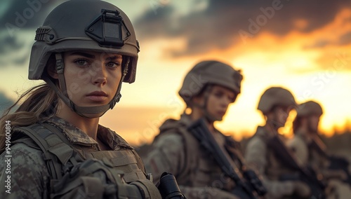 group of female soldiers standing together, ready for combat