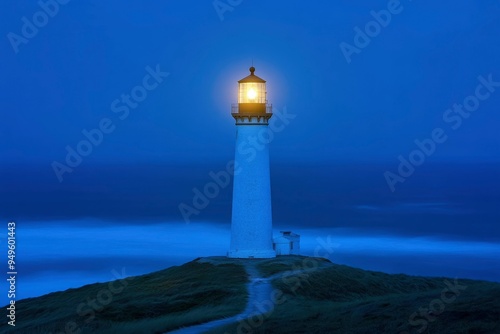 A Lighthouse Stands Tall Against a Blue Dusk Sky