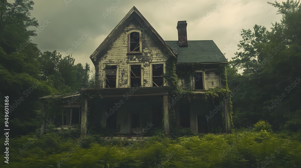 A spooky, abandoned house with overgrown weeds and broken windows A spooky, abandoned house with overgrown weeds and broken windows