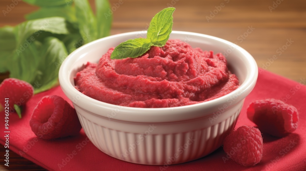 Close-Up of Creamy Raspberry Puree with Fresh Mint Garnish Close-Up of Creamy Raspberry Puree with Fresh Mint Garnish