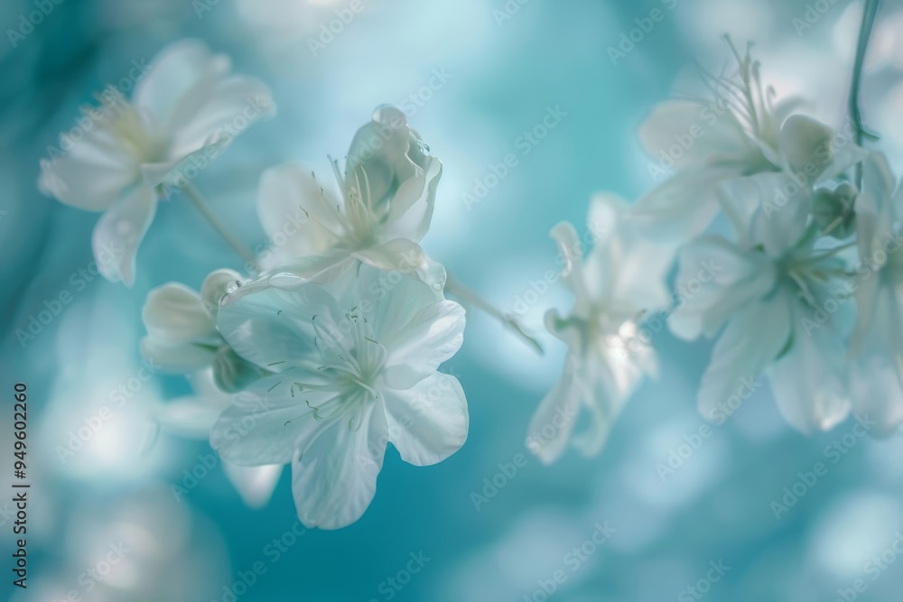 Close up view of multiple white flowers, showcasing delicate petals and stems, Subtle hints of aquamarine peeking through a pale blue wash Close up view of multiple white flowers, showcasing delicate petals and stems, Subtle hints of aquamarine peeking through a pale blue wash