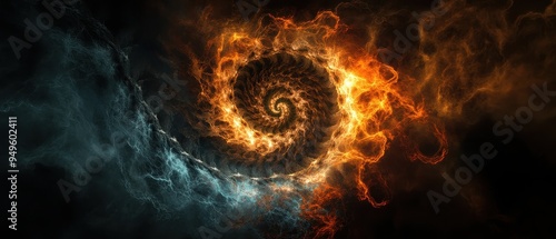 Abstract Fiery and Icy Spiral Vortex - Dynamic Energy Swirl in Dark Space photo