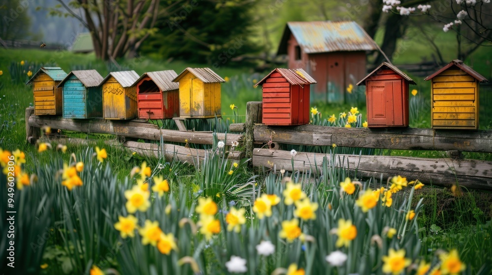 Colorful Mailboxes in a Spring Garden Colorful Mailboxes in a Spring Garden