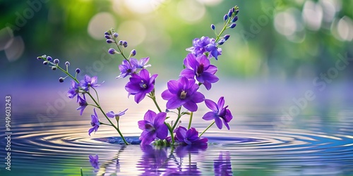 A photo image of delicate purple larkspur flowers gently floating on the surface of a serene calm body of water, surrounded by subtle ripples. photo