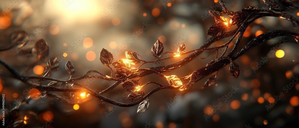 Enchanting Glowing Branches with Golden Leaves in a Mystical Forest Setting Enchanting Glowing Branches with Golden Leaves in a Mystical Forest Setting