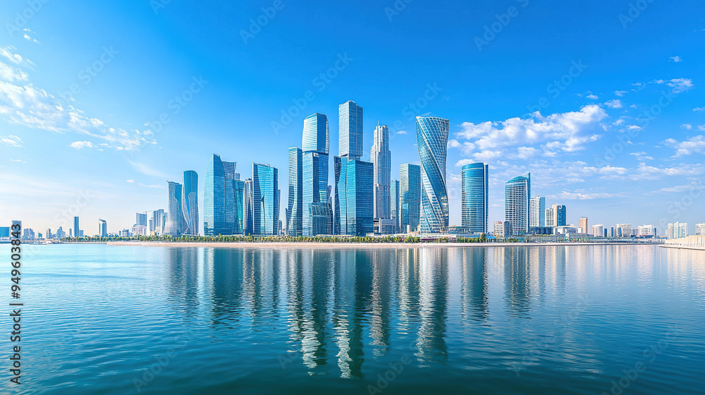 Naklejka premium Dynamic city skyline with modern skyscrapers representing a thriving business district, showcasing economic growth and opportunities under a clear blue sky