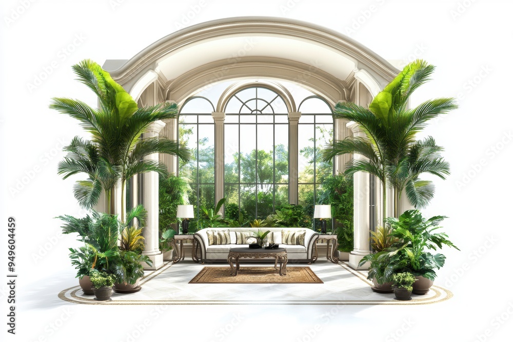 Fototapeta premium opulent conservatory featuring large windows, exotic plants, and classical decor