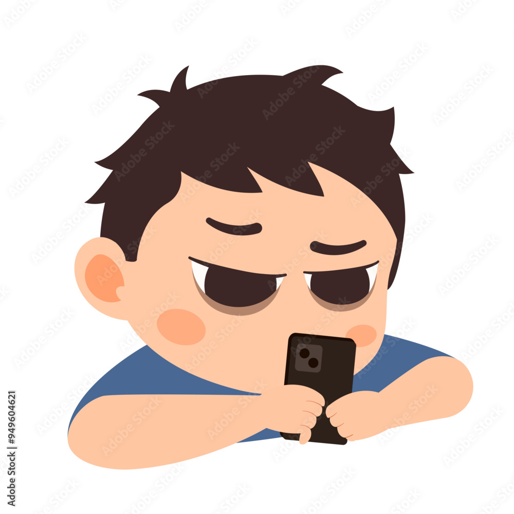 Cartoon illustration of a kid addicted to social media