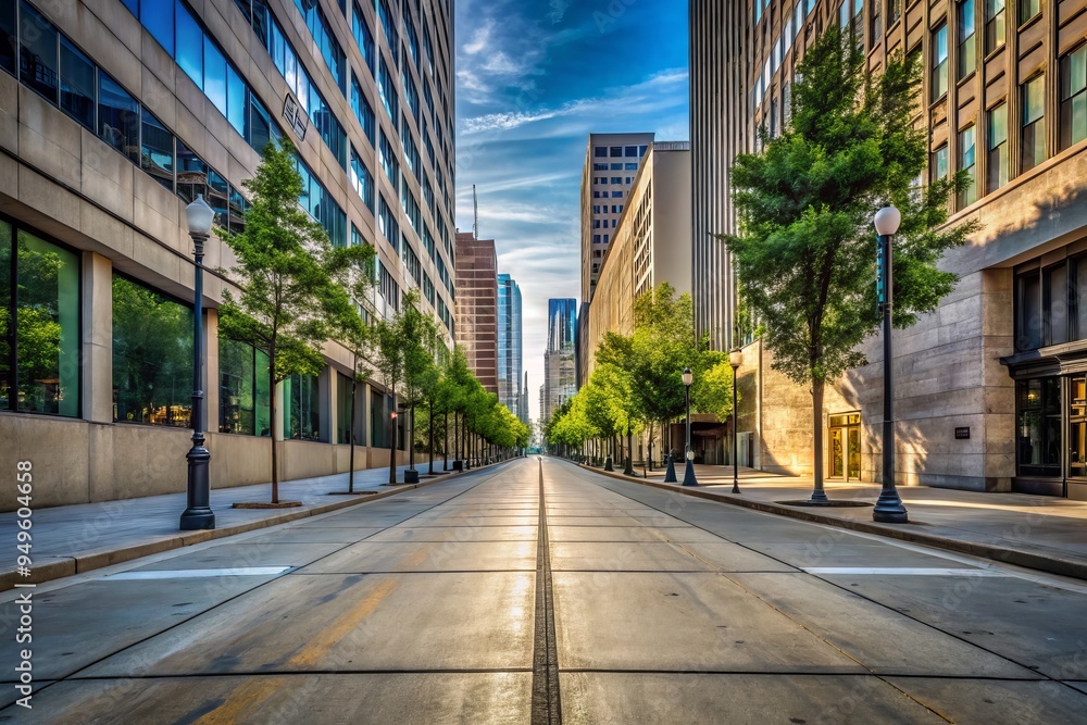 A photo image of a long and deserted concrete sidewalk stretching in a straight line through the empty streets of a once bustling city A photo image of a long and deserted concrete sidewalk stretching in a straight line through the empty streets of a once bustling city