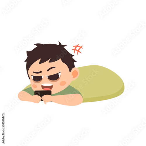 Cartoon illustration of a kid addicted to mobile games