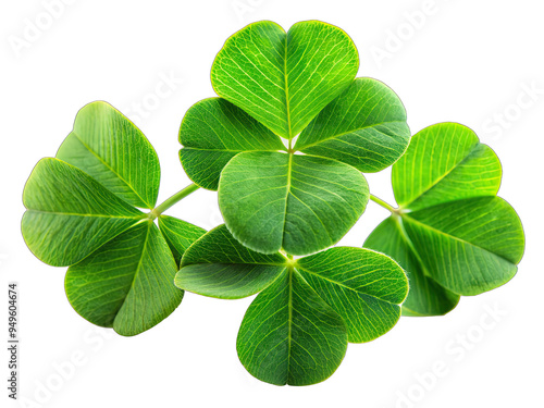 Four green clover leaves with three leaflets each are arranged in a cluster, isolated on a white background