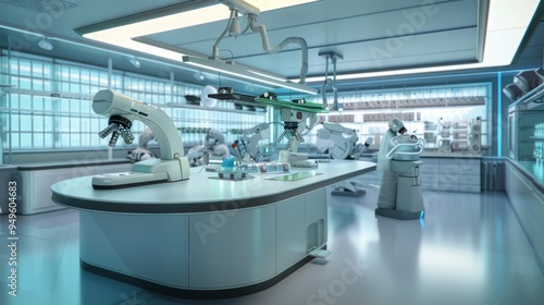 Futuristic laboratory interior with advanced robotic equipment and microscopes.