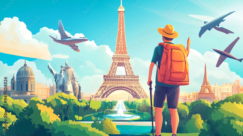 Fototapeta premium A traveler admires the Eiffel Tower while planes soar above in a vibrant illustrated depiction of Paris during the daytime