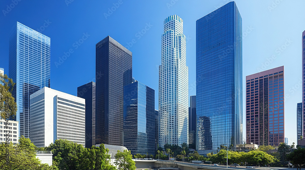 Dynamic city skyline with modern skyscrapers representing a thriving business district, showcasing economic growth and opportunities under a clear blue sky Dynamic city skyline with modern skyscrapers representing a thriving business district, showcasing economic growth and opportunities under a clear blue sky