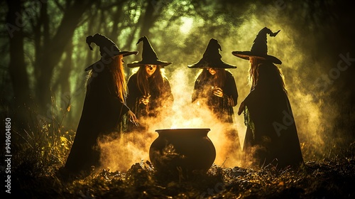 A group of witches casting spells around a cauldron