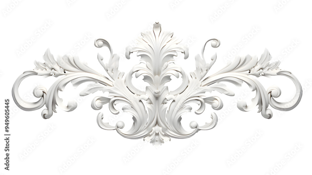 3D illustration of white decorative relief beautiful detailed ornament with acanthus leaves decoration in baroque style isolated on transparent background 3D illustration of white decorative relief beautiful detailed ornament with acanthus leaves decoration in baroque style isolated on transparent background
