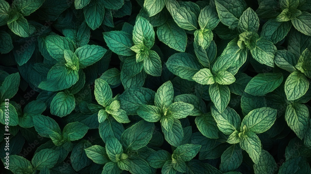 A dense pattern of lush green mint leaves, exhibiting a vibrant texture and rich color with shadows enhancing the depth of the foliage. A dense pattern of lush green mint leaves, exhibiting a vibrant texture and rich color with shadows enhancing the depth of the foliage.