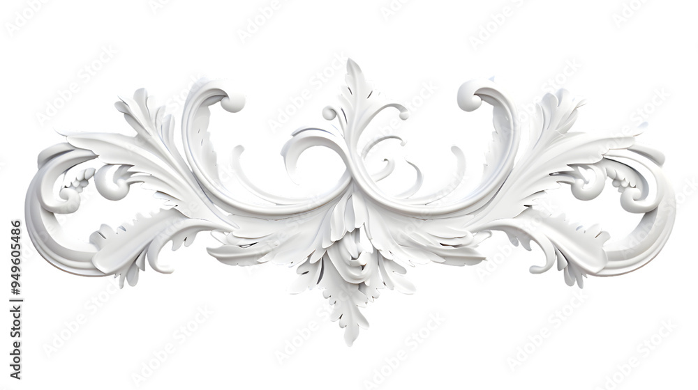 Fototapeta premium 3D illustration of white decorative relief beautiful detailed ornament with acanthus leaves decoration in baroque style isolated on transparent background