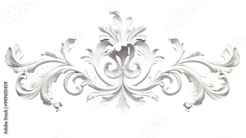  3D illustration of white decorative relief beautiful detailed ornament with acanthus leaves decoration in baroque style isolated on transparent background