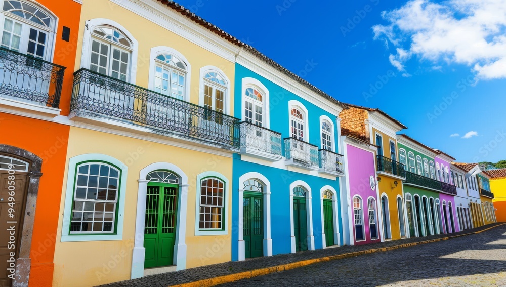 Naklejka premium Colorful Colonial Buildings with Balconies on a Cobblestone Street