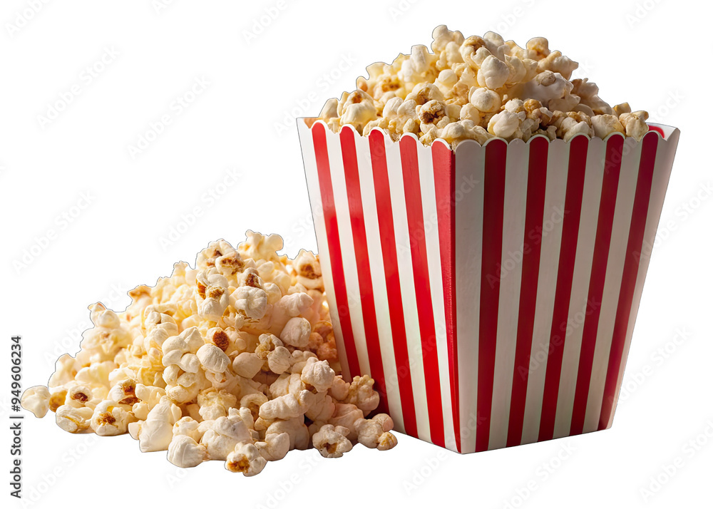 A red and white striped popcorn box sits on a white background with popcorn spilling out from the top A red and white striped popcorn box sits on a white background with popcorn spilling out from the top