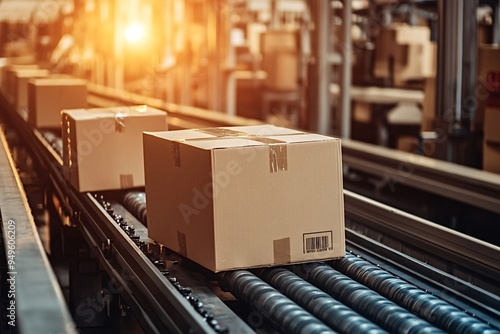 Cardboard boxes moving on a conveyor belt in a distribution warehouse, illuminated by warm sunlight coming in through a window