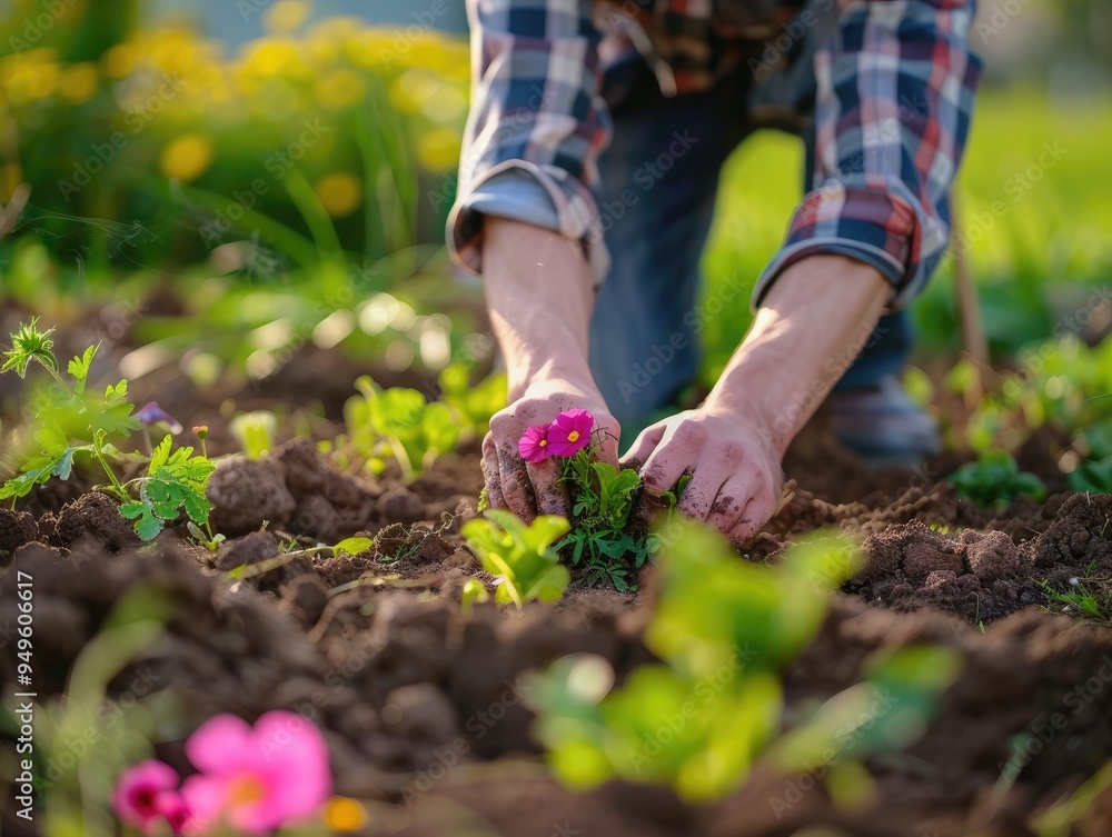 Gardener planting flowers in garden bed. Gardener planting flowers in garden bed.