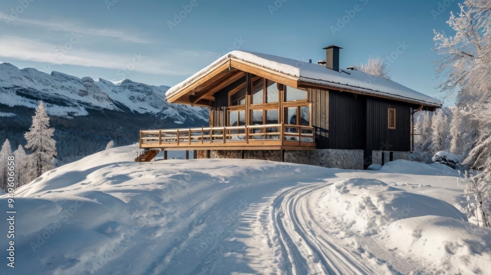 Modern Scandinavian chalet with snow-covered roof and minimalist winter landscape Modern Scandinavian chalet with snow-covered roof and minimalist winter landscape