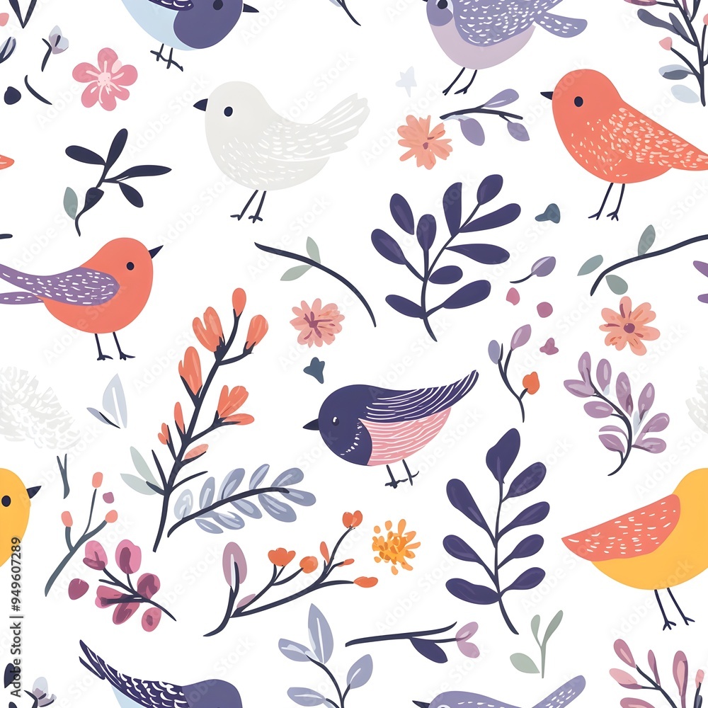 Vector illustration of a seamless floral pattern with cute birds in spring for Wedding, anniversary, birthday and party. Design for banner, poster, card, invitation and scrapbook Vector illustration of a seamless floral pattern with cute birds in spring for Wedding, anniversary, birthday and party. Design for banner, poster, card, invitation and scrapbook
