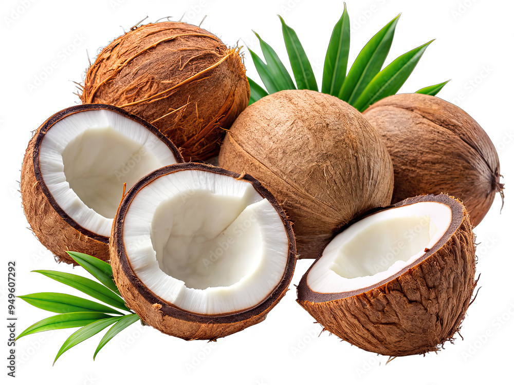 A group of coconuts, some whole and some halved, with palm leaves on a white background A group of coconuts, some whole and some halved, with palm leaves on a white background