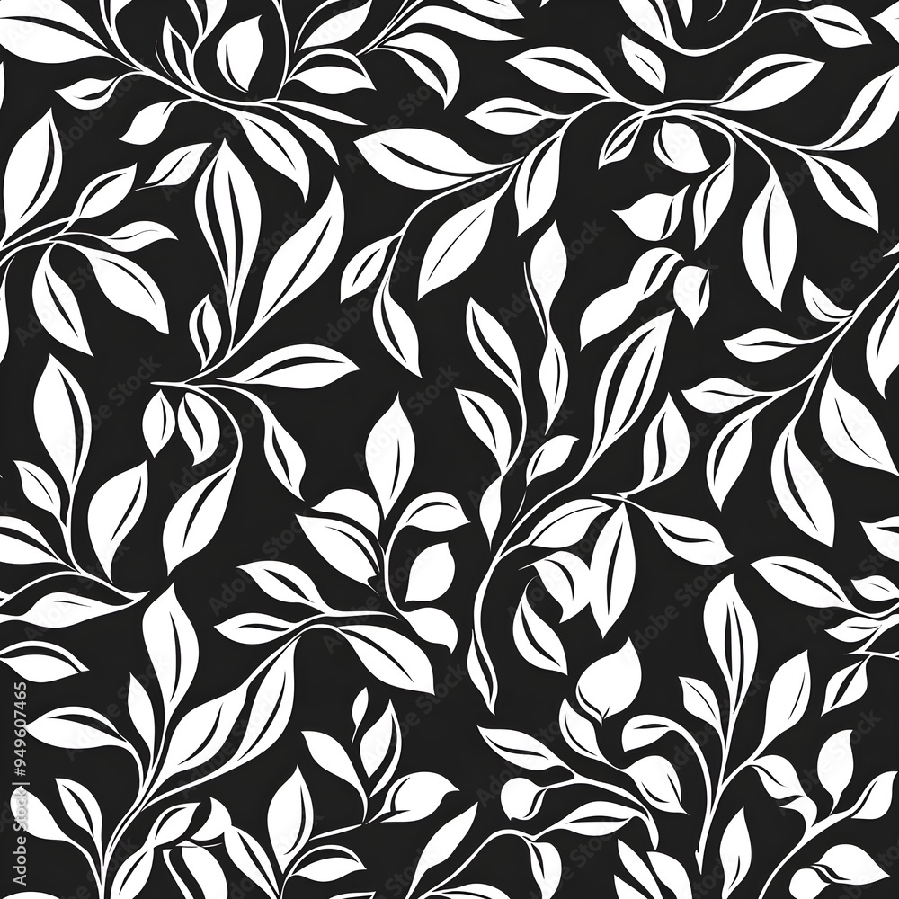 Fototapeta premium Vector seamless pattern with leaves and curls. Monochrome abstract floral background. Stylish monochrome texture