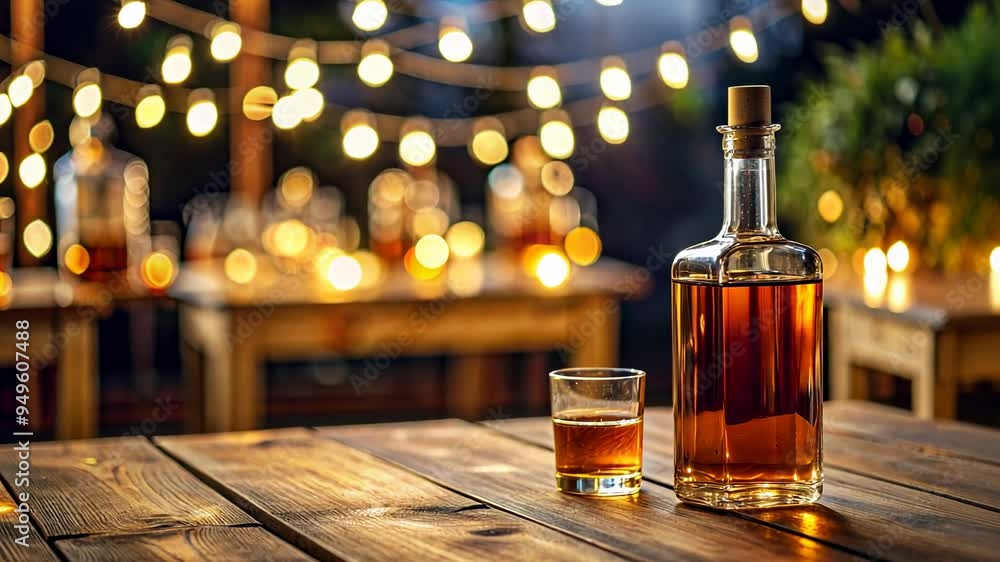 Whiskey Bottle and Glass on Wooden Table with Festive Lights. Whiskey Bottle and Glass on Wooden Table with Festive Lights.