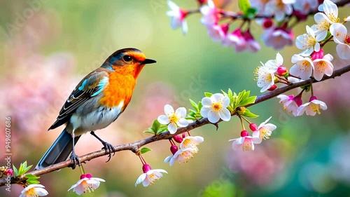 Robin Perched on a Branch with White Flowers.